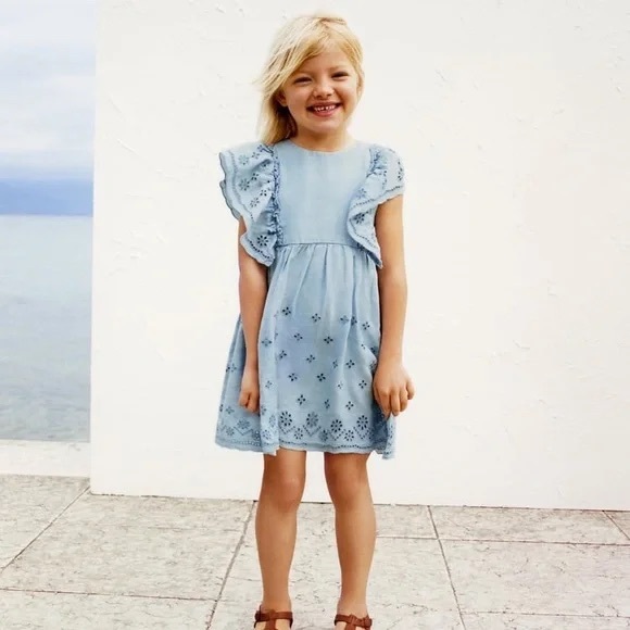 Zara Other - Zara Kids eyelet chambray dress ruffles flutter sleeve toddler girl denim floral
